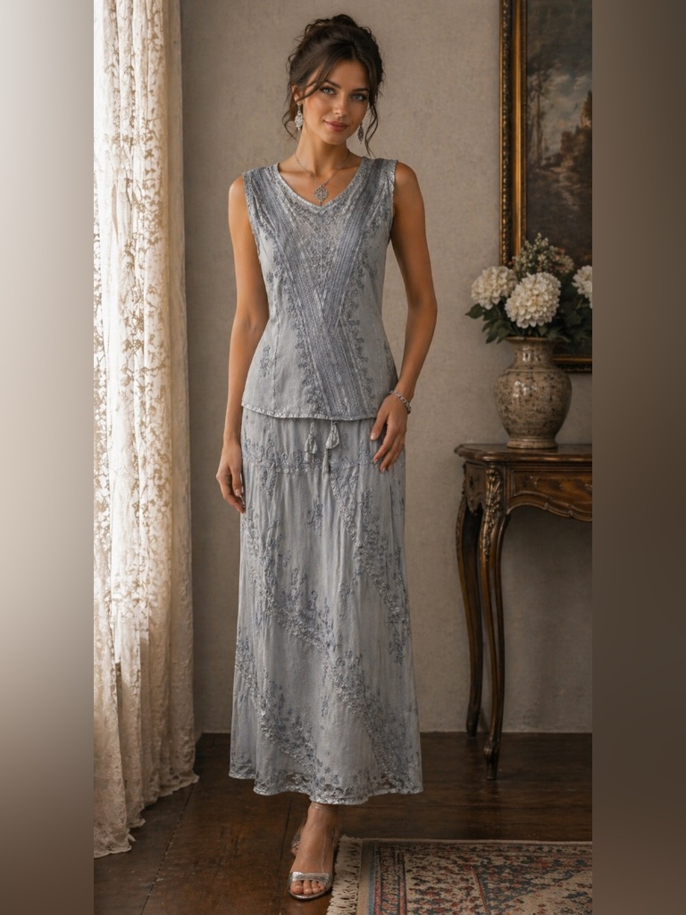 Rare Find—Vintage Braja Embroidered Boho Top & Skirt SET, Gray & Silver, Medium